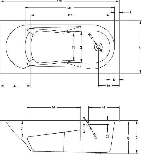 Ванна акриловая Riho LAZY  170x75 RIGHT, BC3900500000000