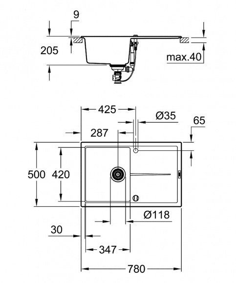 Мойка для кухни Grohe K400 композитная, черный гранит, 31639AP0