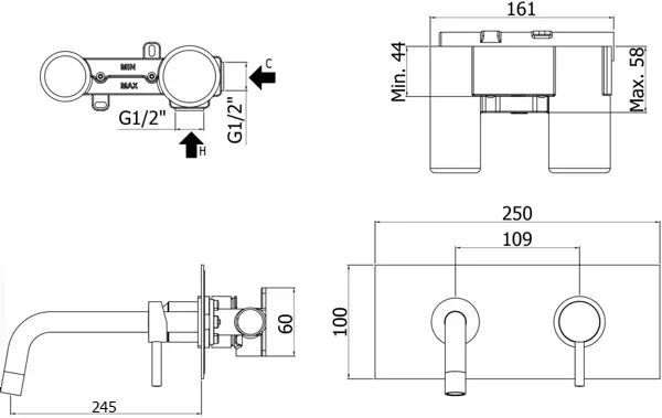Смеситель для раковины Paffoni Light LIG103NO/M (с внутренней частью)