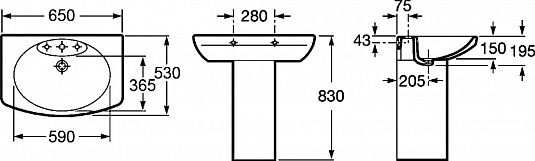 Раковина Roca DAMA SENSO 650х530х195 мм, уст.компл., 7.3275.1.100.0