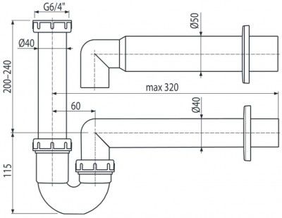 Сифон трубчатый с накидной гайкой 6/4 A80-DN50 A80-DN50