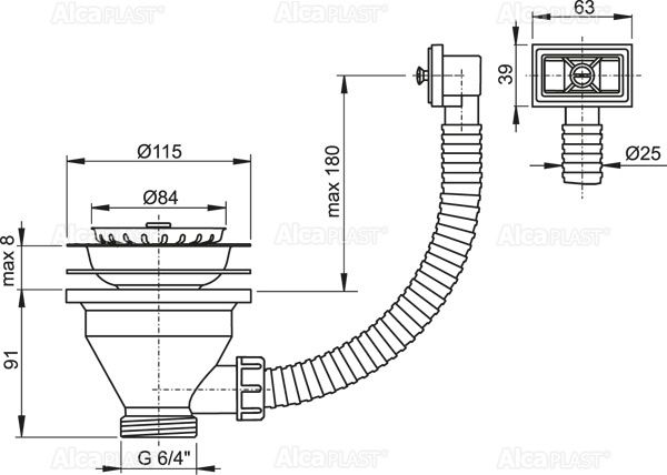 Водослив сифона для мойки A38 6/4" с нержавеющей решеткой d115 и гофропереливом A38