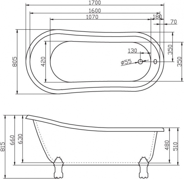 Ванна акриловая BelBagno 170*80.5 см, белая, BB04