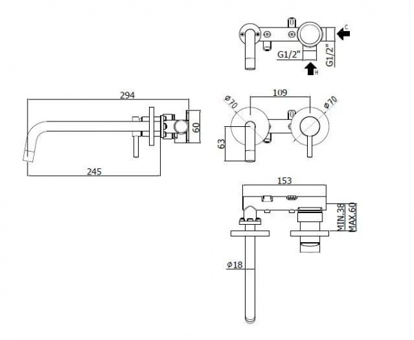 Смеситель для раковины Paffoni Light LIG103HG70 (с внутренней частью)