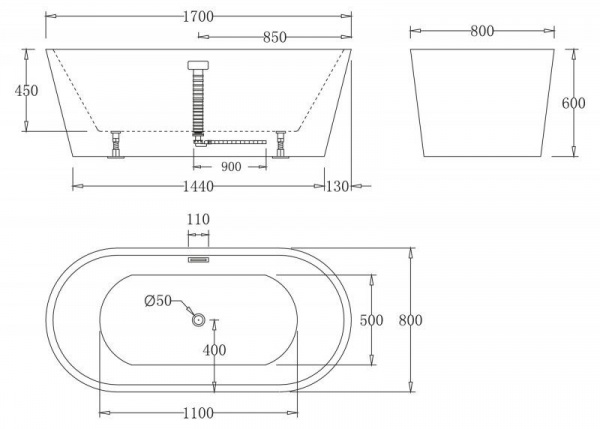 Ванна акриловая BelBagno 170*80 см, белая,  без перелива, BB71-1700-W0