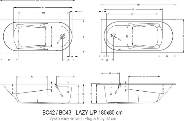 Ванна акриловая Riho LAZY RIGHT - PLUG & PLAY  180x80, BD7700500000000