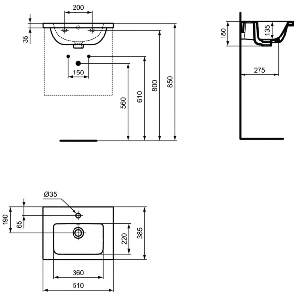 Раковина Ideal Standard i.life B Vanity 51x39 см с отверстием под смеситель, T459101