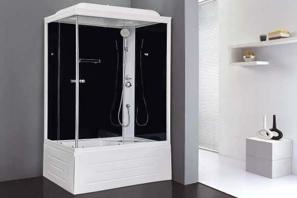 Гидромассажный бокс Royal Bath 120х80х217, черное/прозрачное стекло, белый профиль, RB8120BP5-BT-R