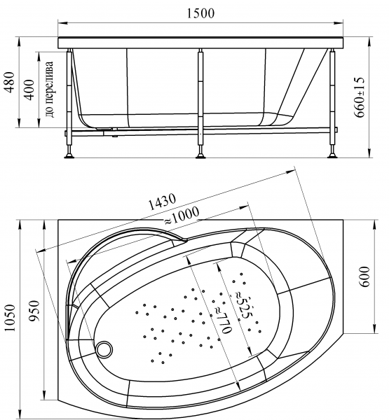 Акриловая ванна Radomir Монти 150х105 (левосторонняя), каркас, 2-01-0-1-1-213